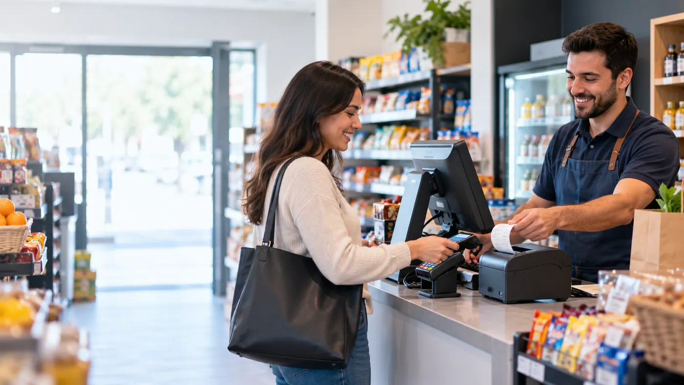 Cajero emitiendo boleta electronica en un comercio con punto de venta