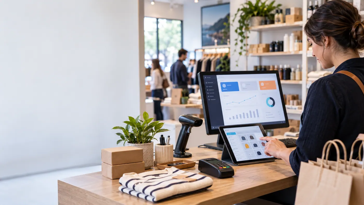 Encargada revisando POS, tablet, lector de código de barra y panel de gestión en comercio