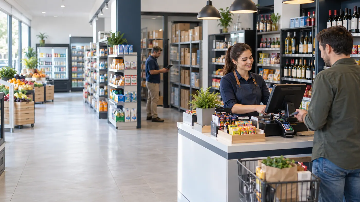 Comercio moderno con caja POS, estanterías, productos y atención a cliente