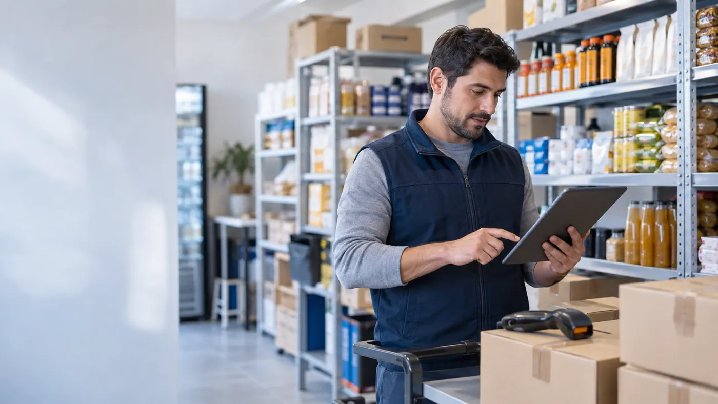 Encargado revisando inventario con tablet en una bodega ordenada de comercio