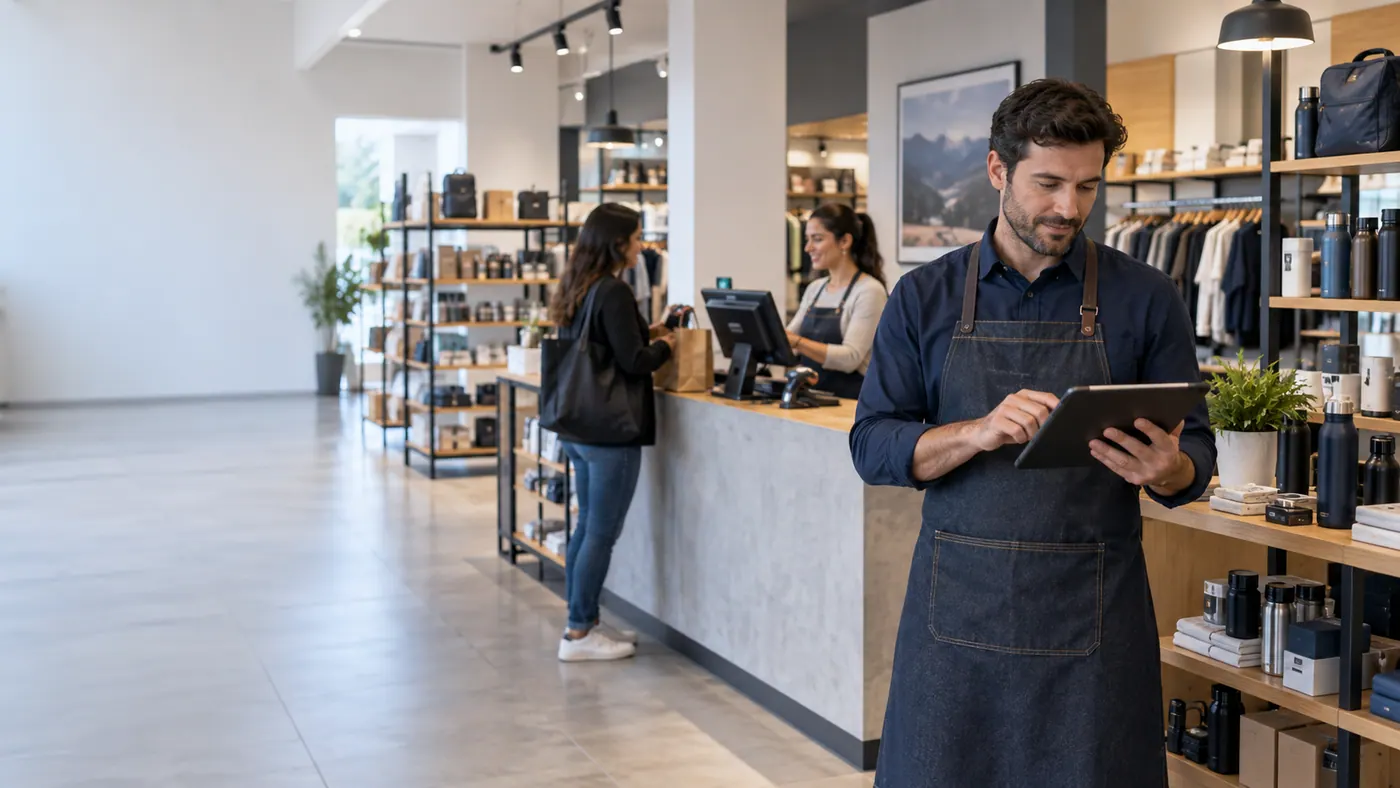 Administrador revisando un local comercial moderno con tablet y caja POS