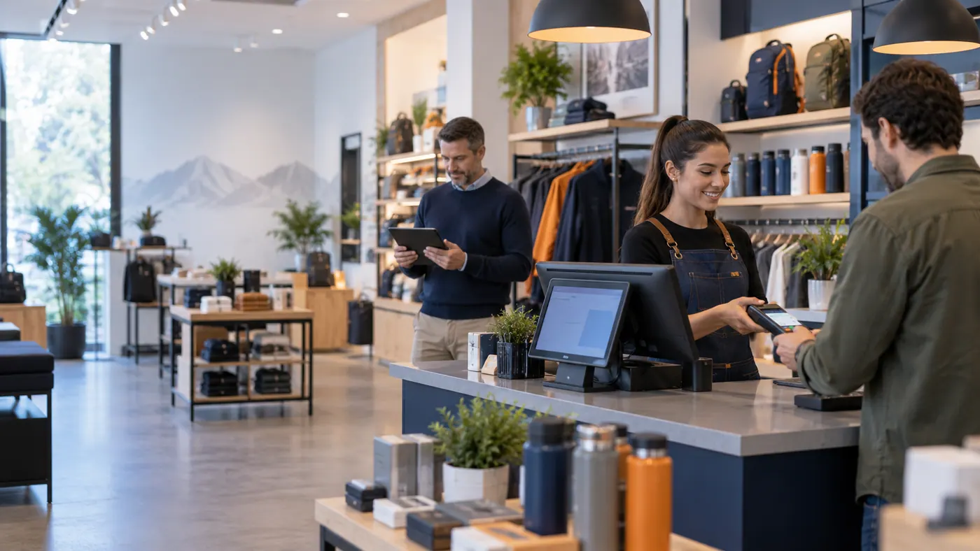 Local comercial moderno operando con POS, tablet y administración conectada
